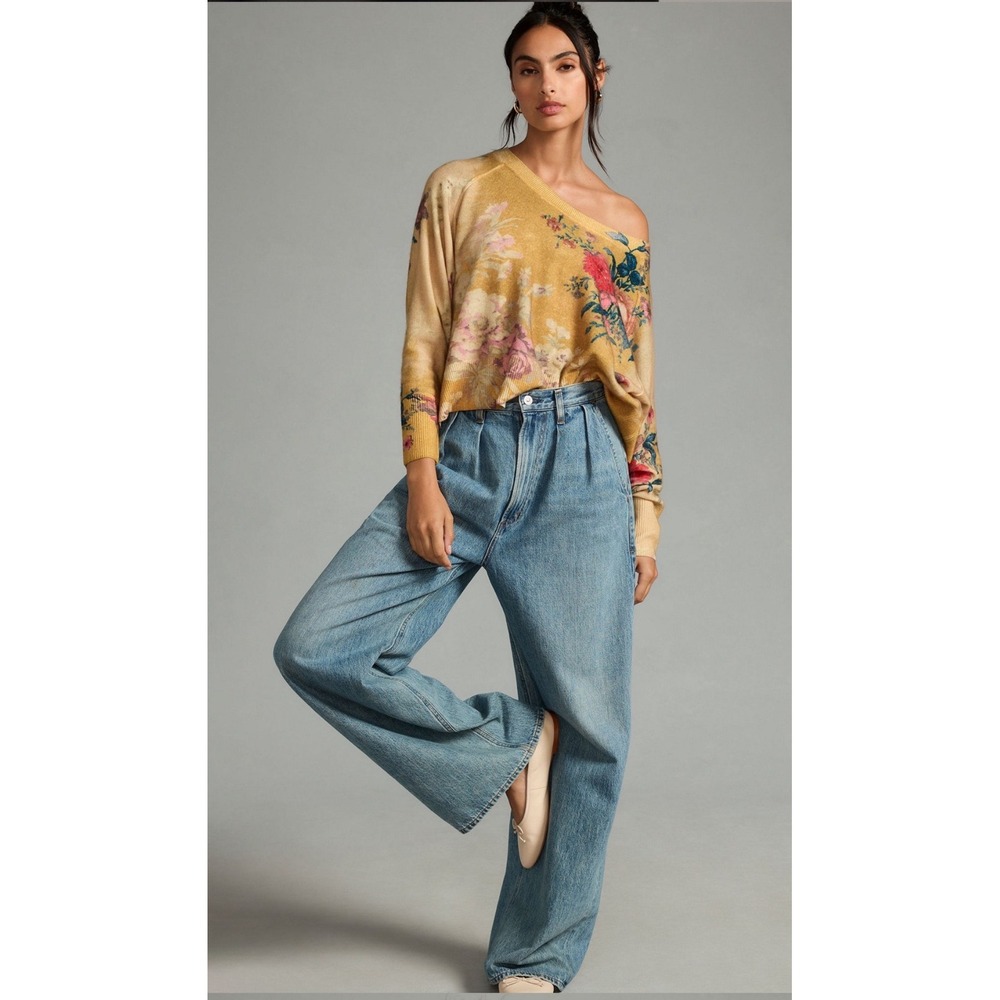 Anthropologie x Pilcro Diletta 100% Cashmere Floral Pullover Sweater Yellow XS - Picture 3 of 9